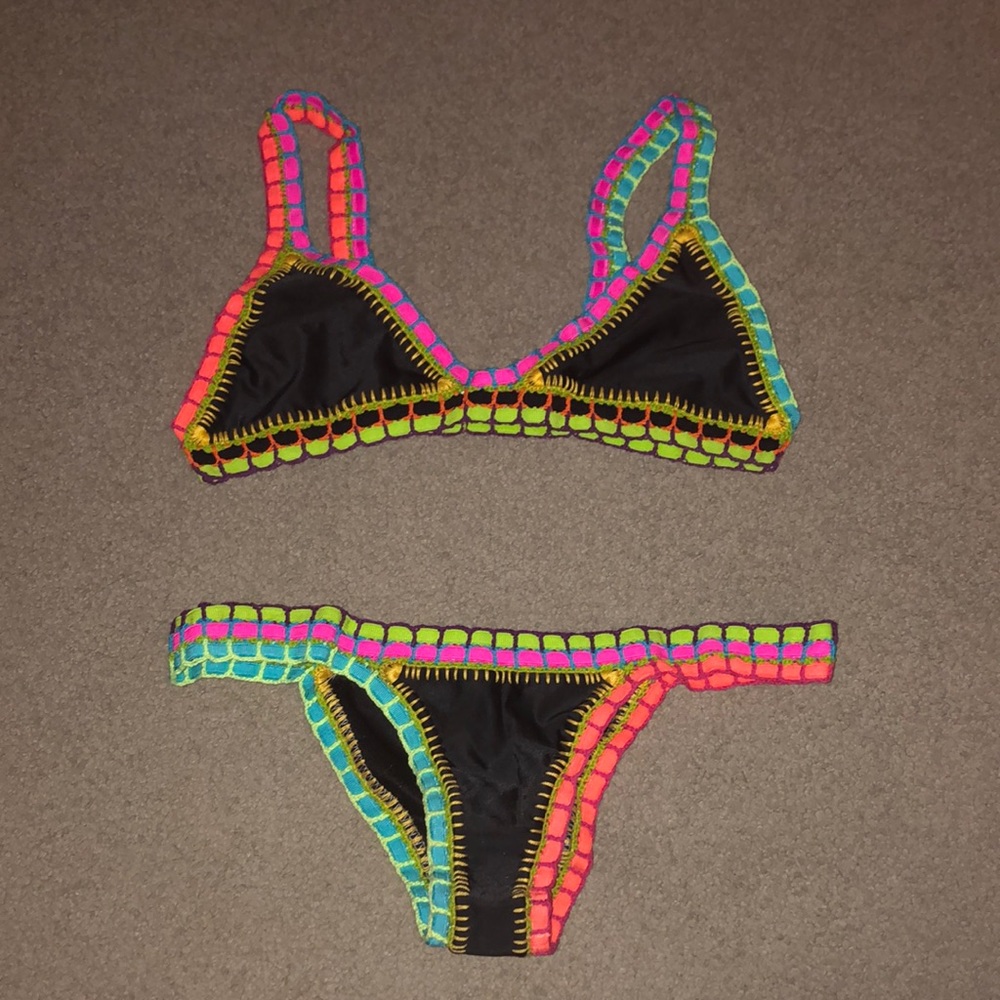 black bikini colorful rainbow trim
